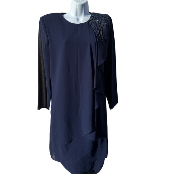 VTG PATRA Navy Blue Chiffon Beaded Dress SZ 12 Special Occasion MOB Detail layer - Picture 1 of 6